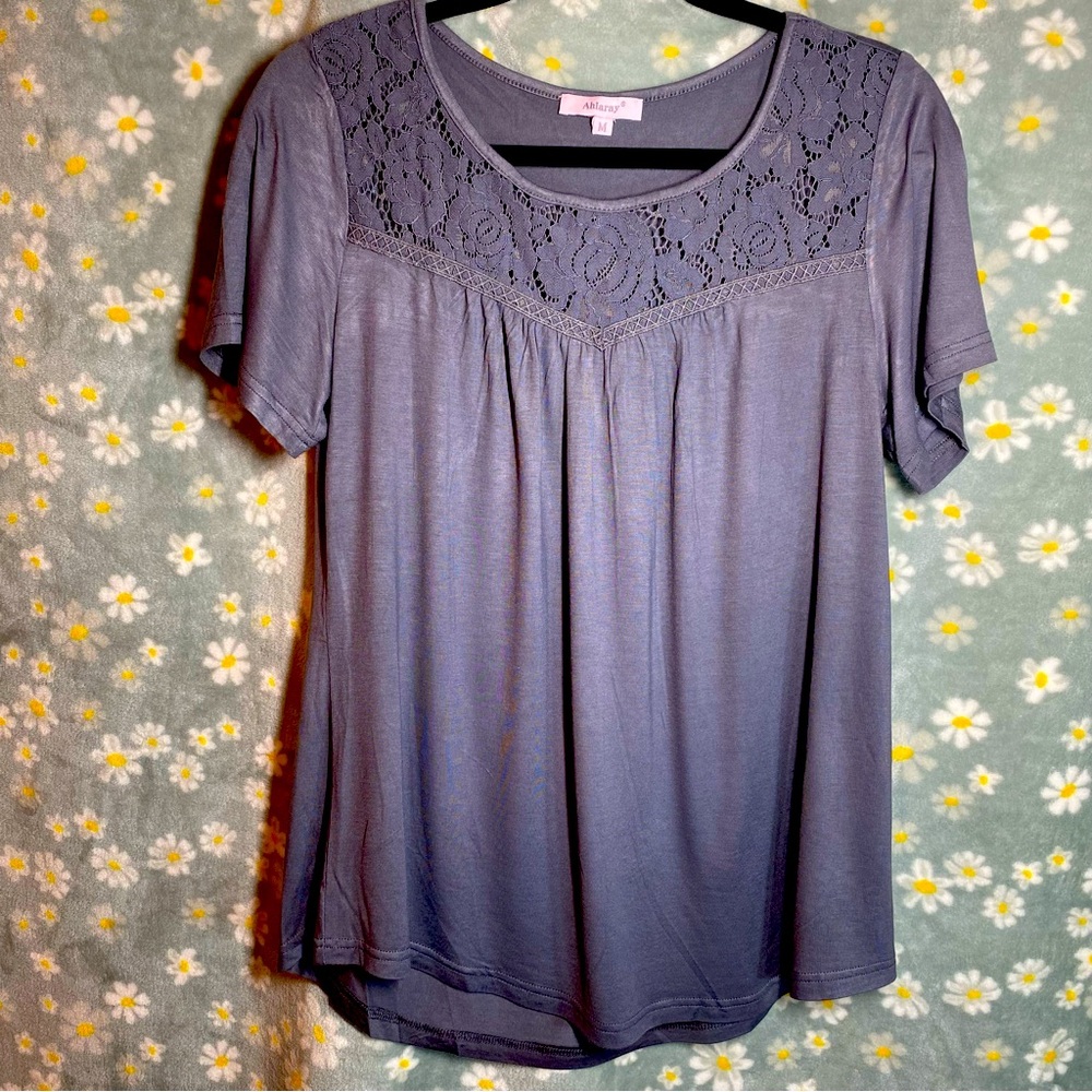 Blue Embellished Short Sleeve Relaxed Blouse